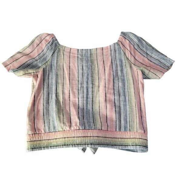 DREW Women's LG Linen Blend Pastel Striped Tie Front Top Blouse Anthropologie - Picture 2 of 8